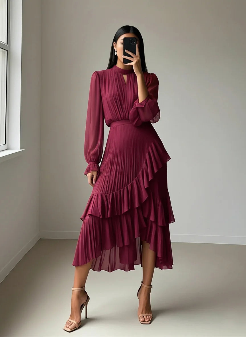 Elegant Ruffle Long Sleeve Dress for Women Chic Spring Summer Layered A Line Dress Lady Pleated Verstidos Prom Party Gowns