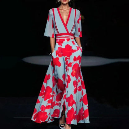 Spring Elegant Floral Print Pleated Commuter Dress Women Sexy V Neck Tunic Party Long Dress Summer Half Sleeve Boho Maxi Dresses