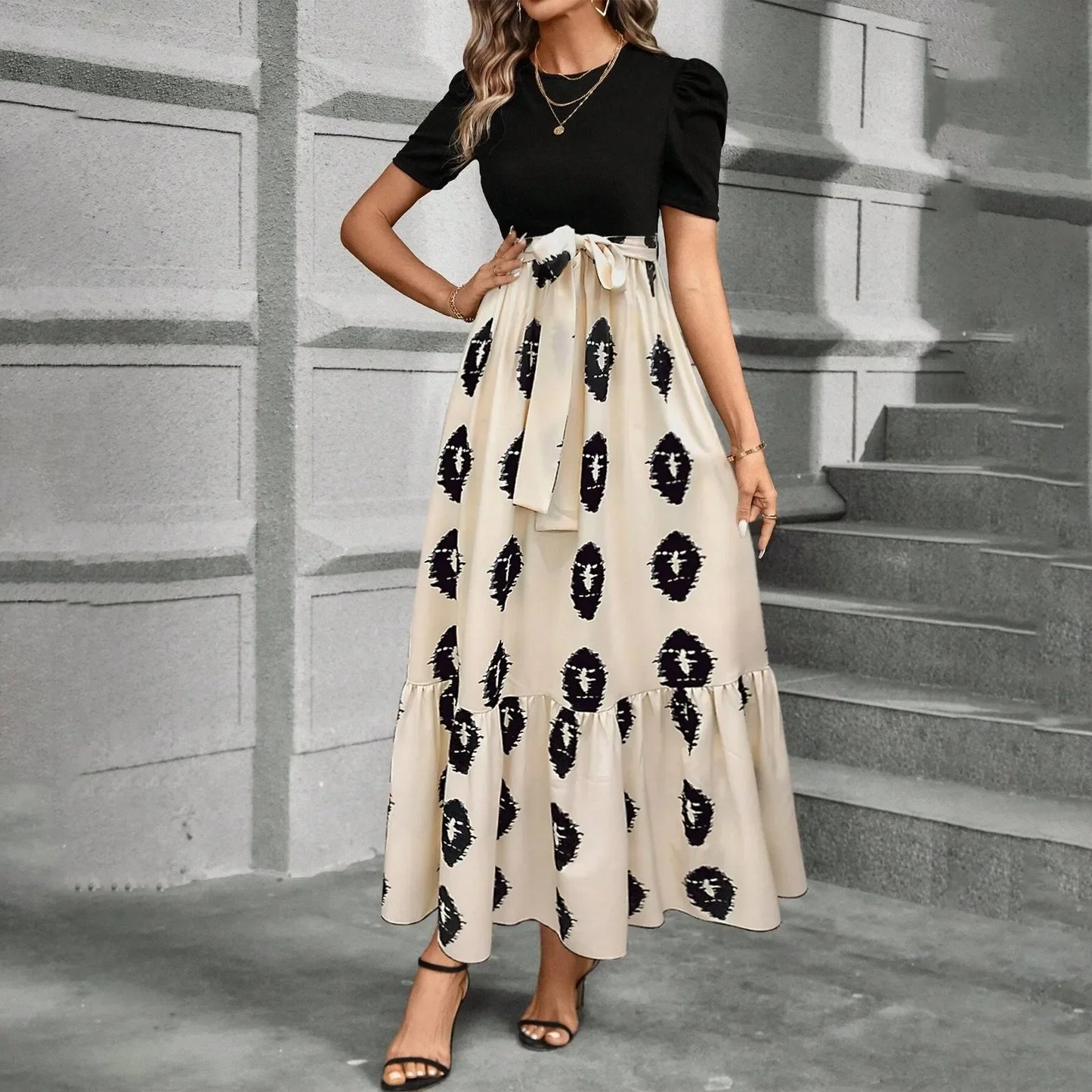 Spring Elegant Dress For Women Bow Tie Waist Cinched Dress A-Lin Flowing Skirt Office Women'S Clothing High Waisted Fashion Dres