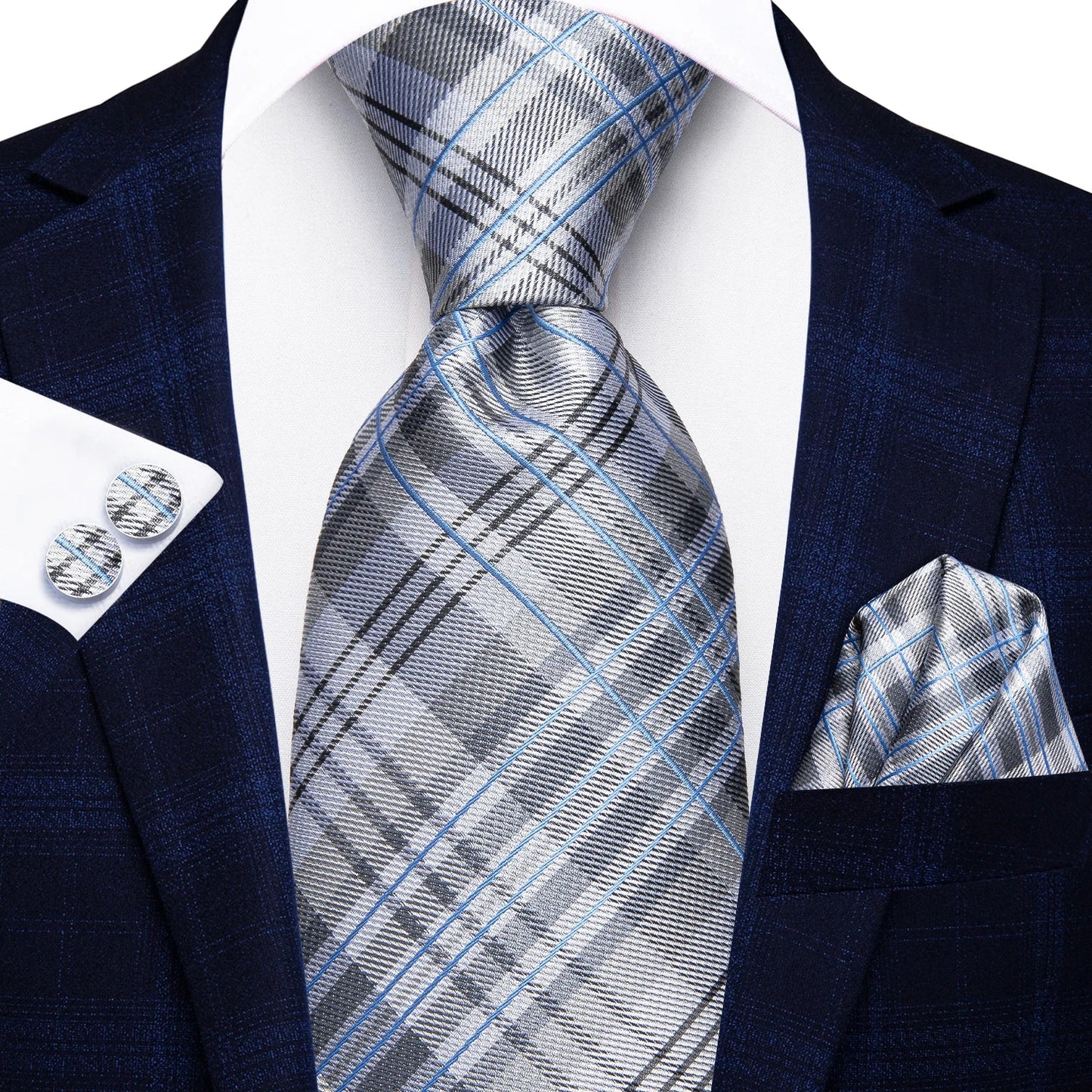 Hi-Tie Designer Silk Wedding Tie For Men Blue White Plaid Handky Cufflink Set Fashion Necktie For Men Business Party Wholesale