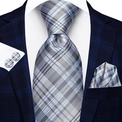 Hi-Tie Designer Silk Wedding Tie For Men Blue White Plaid Handky Cufflink Set Fashion Necktie For Men Business Party Wholesale