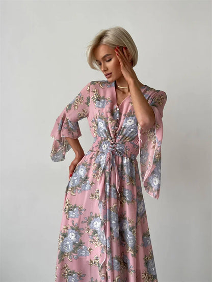 Elegant Bodycon Chiffon Maxi Dress Women Bandage Sexy Side Slit Beach Dress White Pink Floral Summer Long Dresses For Women 2024