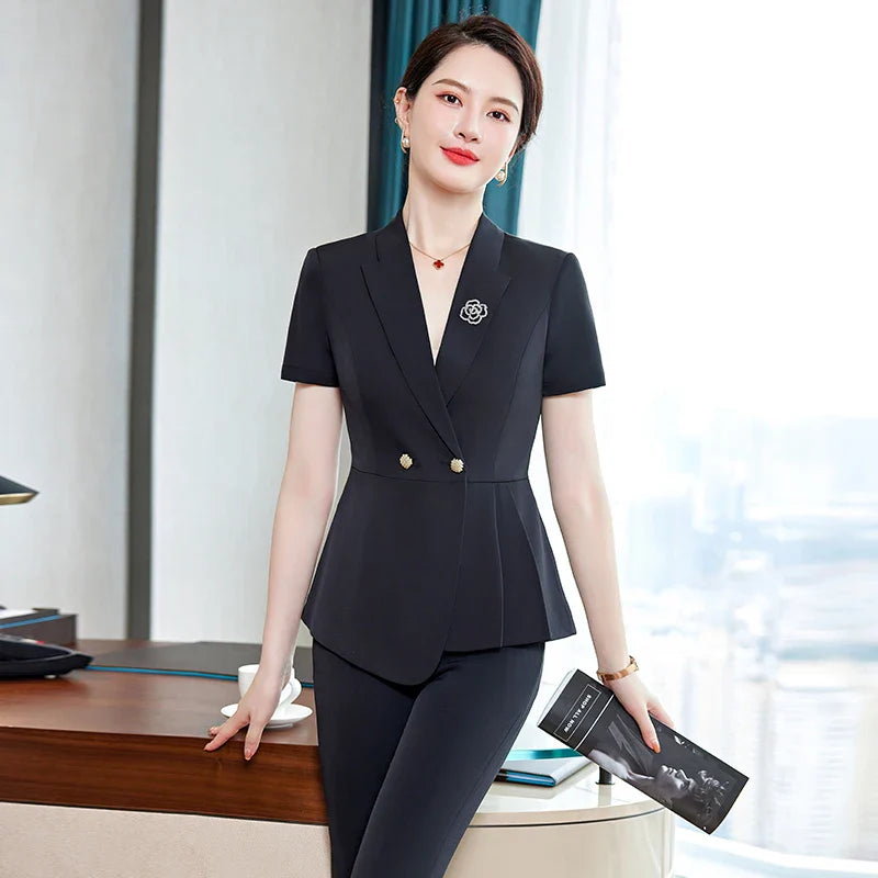 NAVIU Fashion Pink Short Sleeve Professional Suit Women New Summer Elegant Formal Slim Blazer And Pants Office Ladies Work Wear