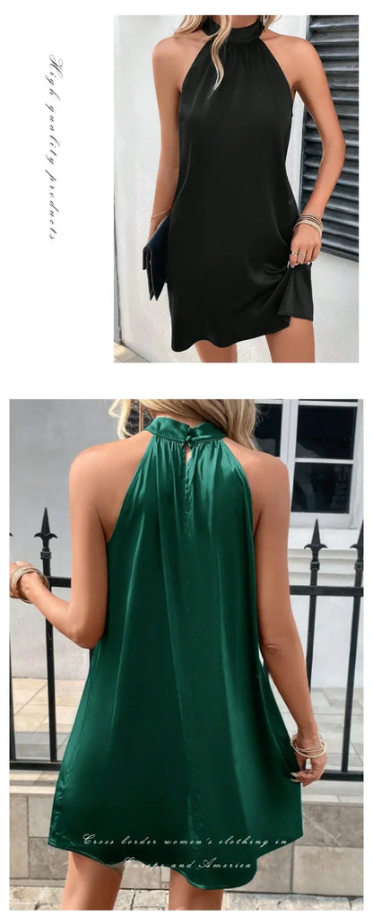 Sleeveless Dress, Satin Satin Neck Mid-length Dress  Vestidos Para Mujer Dress Women Short Dresses Vestidos De Mujer Casuales