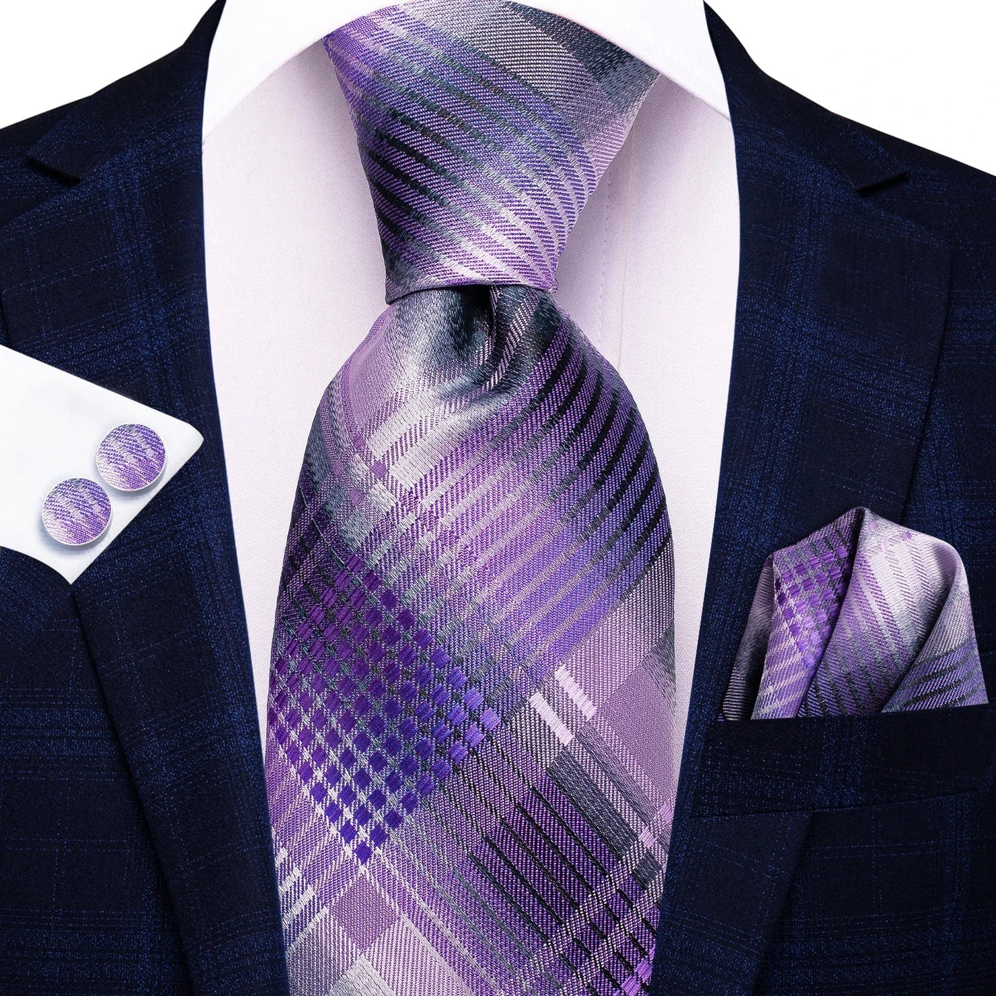 Hi-Tie Designer Silk Wedding Tie For Men Blue White Plaid Handky Cufflink Set Fashion Necktie For Men Business Party Wholesale