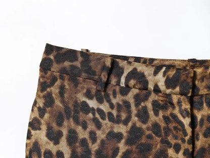 HH Women Autumn 2-Piece Set Chic Leopard Print Turn-Down Collar Pockets Belt Design Blazers+High Waist Zipper Wide-Leg Pants