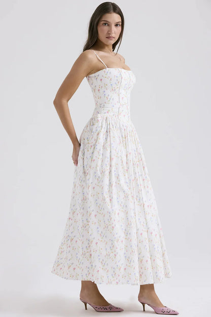 Spring Floral Print Chiffon Holiday Beach Dress Women Sexy V Neck Backless Sling Long Dress Summer Sleeveless Pleated Maxi Dress