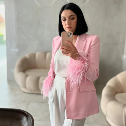 HXAO Woman Suits Blazer And Pants Feathe Long Sleeve Formal Pants Sets 2 Piece Set Office Casual Pink Suit Blazer Sets Two-Piece