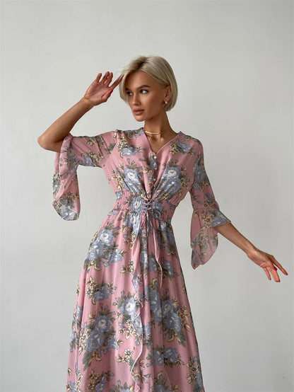 Elegant Bodycon Chiffon Maxi Dress Women Bandage Sexy Side Slit Beach Dress White Pink Floral Summer Long Dresses For Women 2024