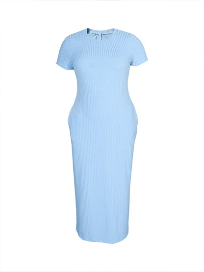 Plus Size 2024 Summer New Round Neck Short Sleeve Slim Hottie  Ladies' Stylish Summer Solid Versatile Bodycon Dress