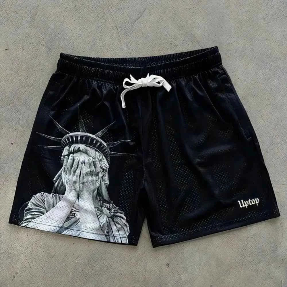 European and American men's summer Statue of Liberty print comfortable breathable drawstring shorts outdoor casual shorts