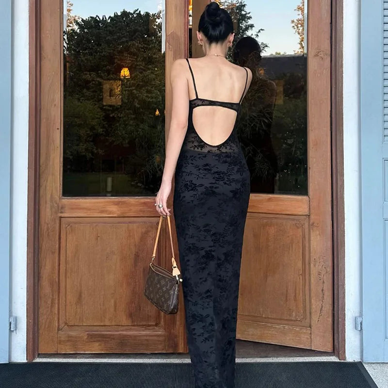Elegant Sheer Floral Lace Maxi Dress for Women V Neck Spaghetti Strap Bodycon Floor Length Evening Party Prom Dresses