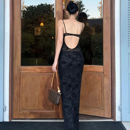 Elegant Sheer Floral Lace Maxi Dress for Women V Neck Spaghetti Strap Bodycon Floor Length Evening Party Prom Dresses