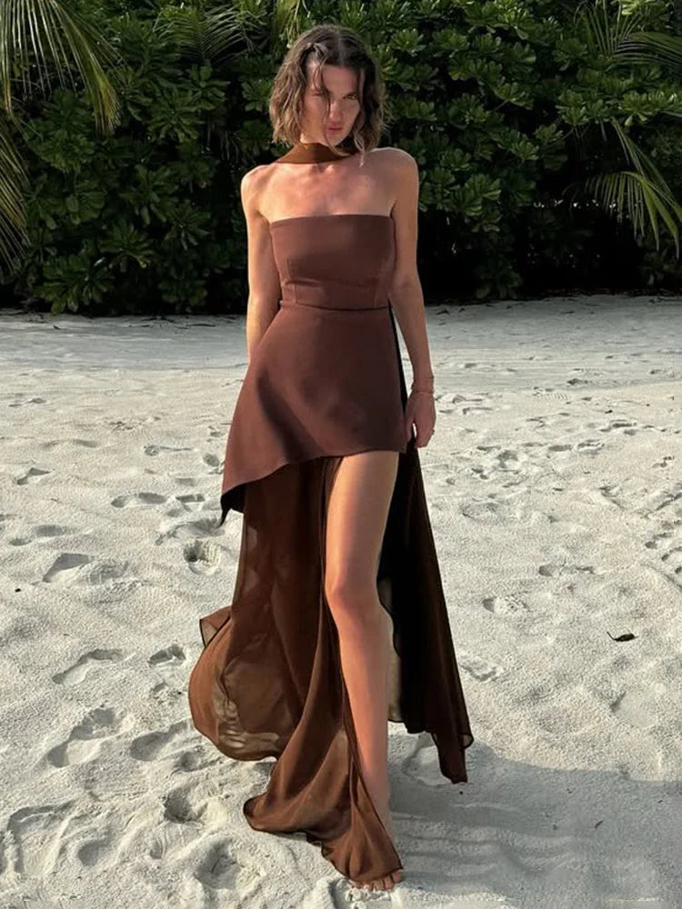 TARUXY Fashion Strapless Dress With Ribbon Female Elegant Sleeveless Mesh Beach Vacation Long Dress 2025 Spring New Women Dress