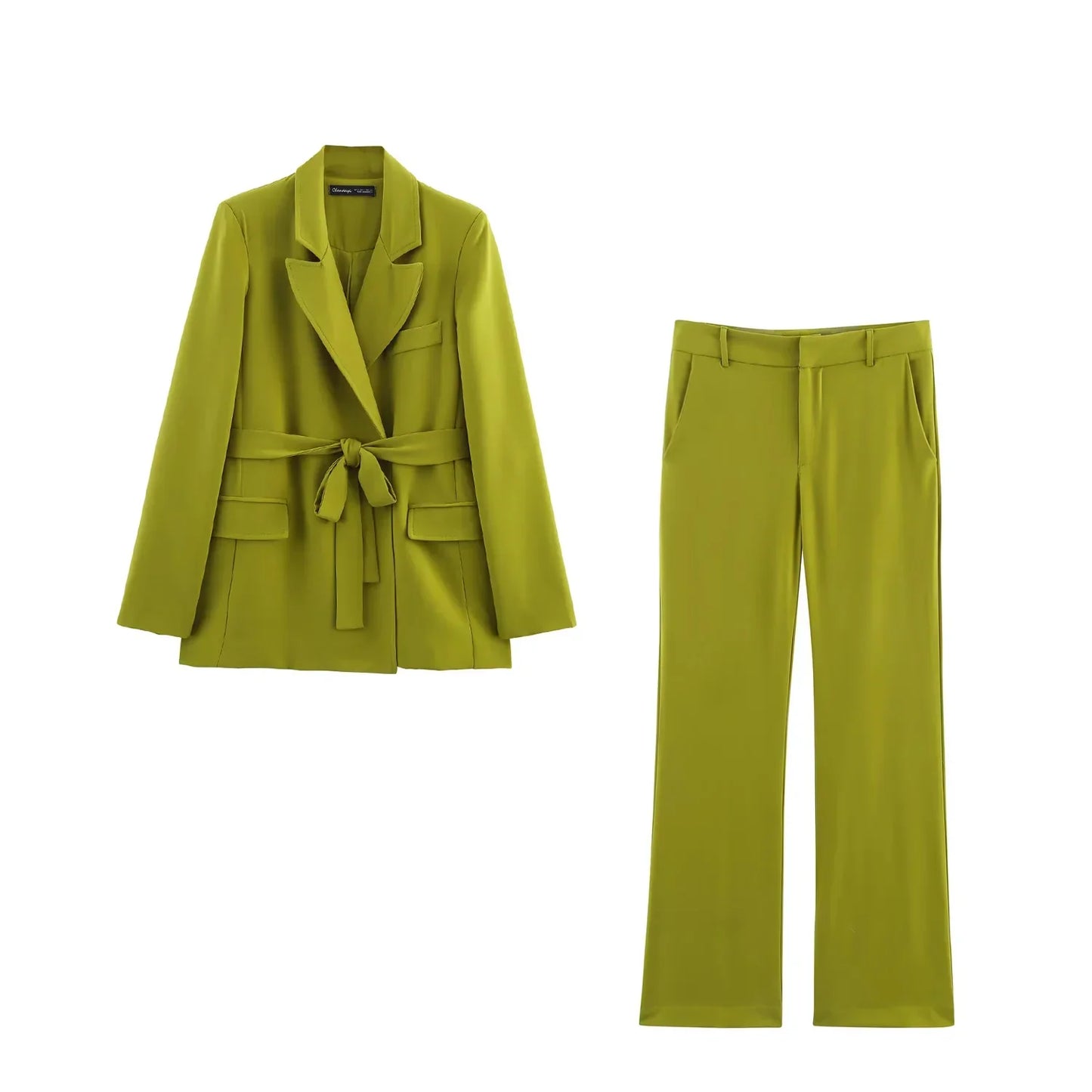 KONDALA 2025 Fall Winter Elegant Green Office Lady Suits Fashion Sashes Shrug Single Breasted Straight Blazers Chic Flare Pants