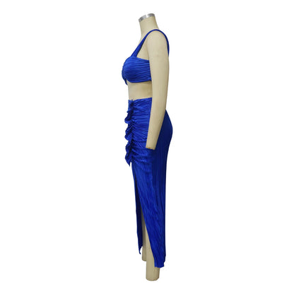 Summer Dresses for Women Two Pieces Set Sexy Backless Halter Top and High Waist Side Slit Pleated Skirt Matching Lady Streetwear
