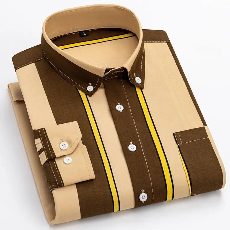 Spring Autumn Fashion Striped Printing Men's Clothing Blouse Casual Buttons POLO Collar Long Sleeve Breathable Thin Style Shirts