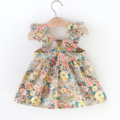 2 Pcs Summer New Baby Girl Dress Fashionable Floral Fly Sleeve Cotton Dress with Crossbody Bag Suitable for Babies Aged 0-3