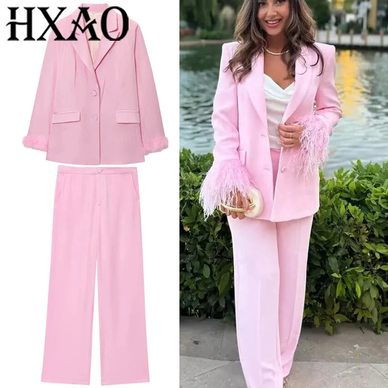 HXAO Woman Suits Blazer And Pants Feathe Long Sleeve Formal Pants Sets 2 Piece Set Office Casual Pink Suit Blazer Sets Two-Piece