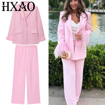 HXAO Woman Suits Blazer And Pants Feathe Long Sleeve Formal Pants Sets 2 Piece Set Office Casual Pink Suit Blazer Sets Two-Piece