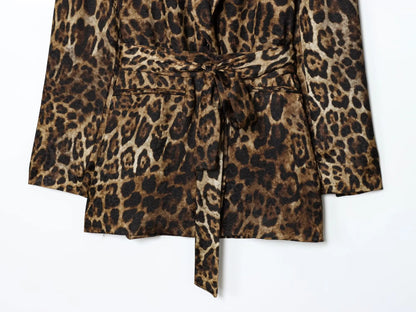HH Women Autumn 2-Piece Set Chic Leopard Print Turn-Down Collar Pockets Belt Design Blazers+High Waist Zipper Wide-Leg Pants