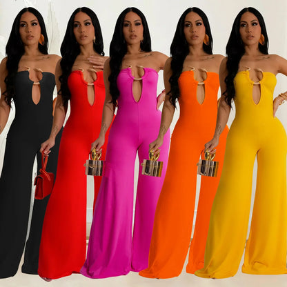 Summer Sexy Backless Women's Jumpsuit Fashionable Slim Fit Elegant Package hip Wide Leg Long Pants Female Party Jumpsuit 2025