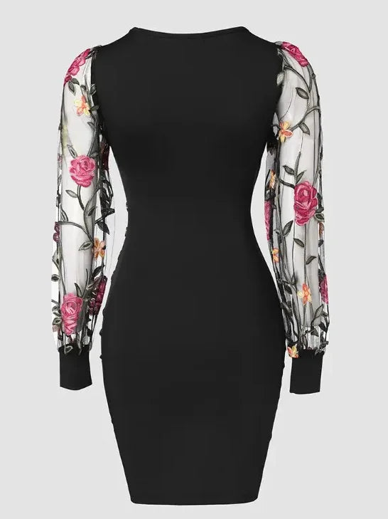 Elegant Floral Embroidered Bodycon Midi Dress with Sheer Mesh Sleeves and V-Neckline - Stylish Button Detail, Knee-Length for Wo