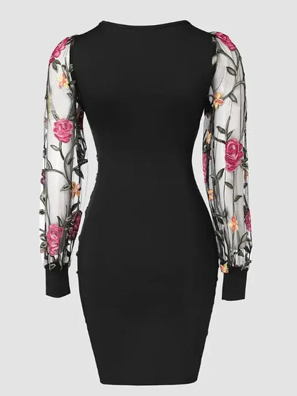 Elegant Floral Embroidered Bodycon Midi Dress with Sheer Mesh Sleeves and V-Neckline - Stylish Button Detail, Knee-Length for Wo