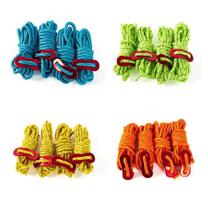 Reflective Tent Guy Ropes – 4pcs, 4mm × 2m, High-Strength with 2-Hole Tensioner Buckle
