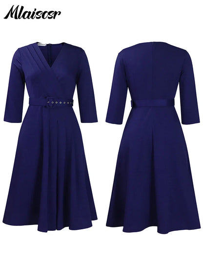 Mlaiscsr Evening Gowns Dresses with Belt Women Clothing V Neck 3/4 Sleeves A Line Pleataed Dress Occasion Elegant Office Outfits