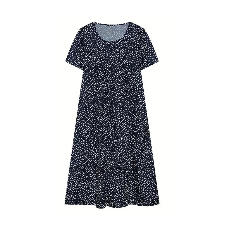2024 New Spring And Summer Women's Elegant Large Skirt Round Neck Printed Short-sleeved Dress