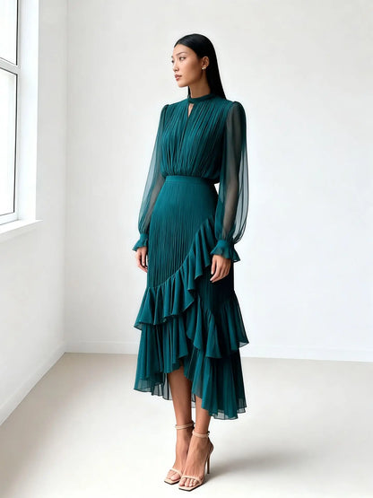 Elegant Ruffle Long Sleeve Dress for Women Chic Spring Summer Layered A Line Dress Lady Pleated Verstidos Prom Party Gowns