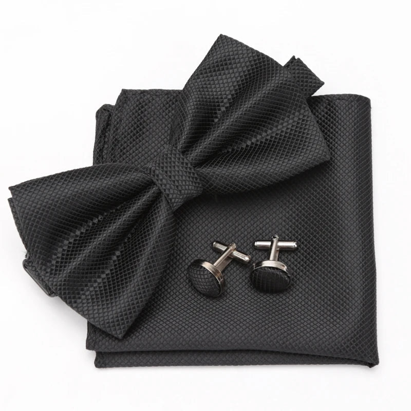Multicolor Bowtie Pocket Square Cufflinks Sets Classic Solid Color  Bowtie Wedding Party Formal Gift Plaids Adjust Neck Bow Tie