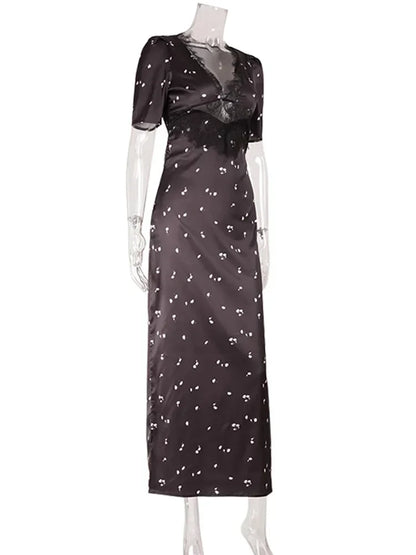 Eelgant Dresses For Women Patchwork Lace Floral V-Neck Short Sleeves Slim Fit Bodycon Trend Sheath Femlae Vestidos Robes