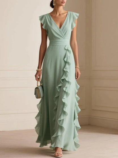 2026 Summer Fashion Ruffles Gowns Party Dress Women Sexy V-neck Solid Color A-Line Dress Elegant Hight Waist Slim Fit Long Dress