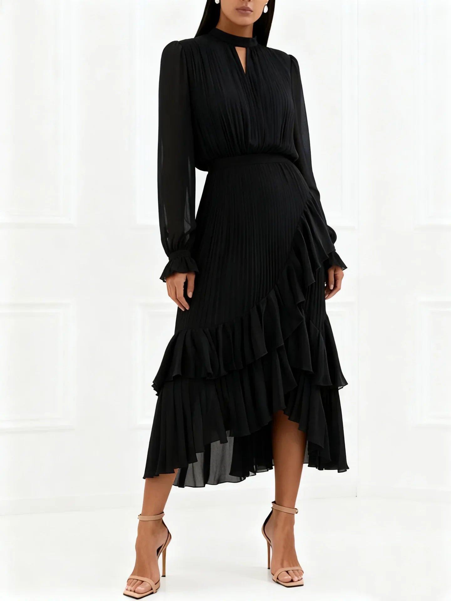 Elegant Ruffle Long Sleeve Dress for Women Chic Spring Summer Layered A Line Dress Lady Pleated Verstidos Prom Party Gowns