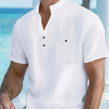 Men's Cotton Linen Short-Sleeve Shirt with Stand Collar & Half-Button Placket - Casual Outdoor Leisure Wear for Spring and Summe