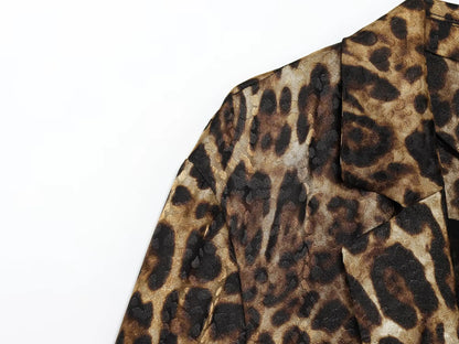 HH Women Autumn 2-Piece Set Chic Leopard Print Turn-Down Collar Pockets Belt Design Blazers+High Waist Zipper Wide-Leg Pants
