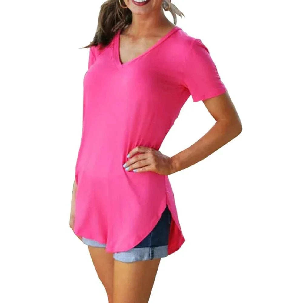 Summer solid color blouse V-neck short sleeve loose T-shirt hem arc women clothes