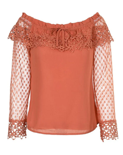 Elegant Women's blouses Fashion 2024 Lace Spliced Off Shoulder Guipure Lace Long Sleeve Tassel Drawstring Top