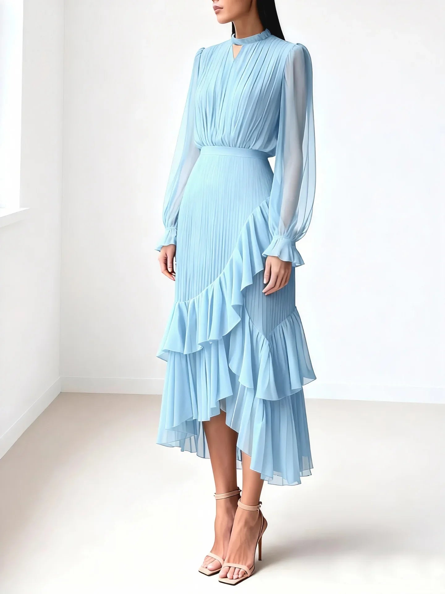 Elegant Ruffle Long Sleeve Dress for Women Chic Spring Summer Layered A Line Dress Lady Pleated Verstidos Prom Party Gowns