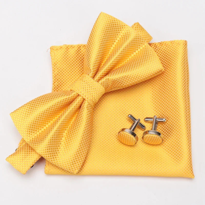 Multicolor Bowtie Pocket Square Cufflinks Sets Classic Solid Color  Bowtie Wedding Party Formal Gift Plaids Adjust Neck Bow Tie