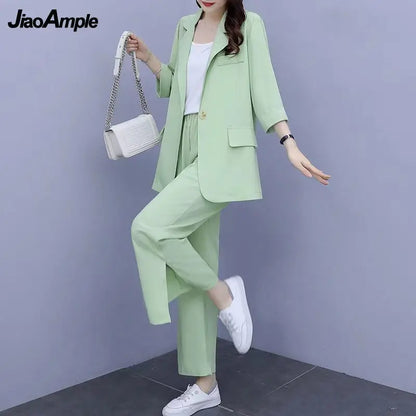 2026 Women Spring New Casual Blazers Jacket Trousers Matching Set Korean Elegant Loose Suit Coat Pants Two Piece Female Clothing