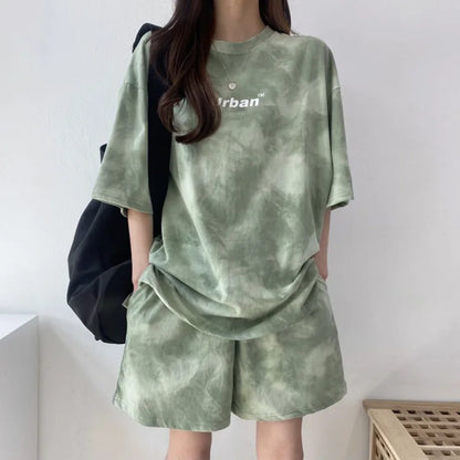Women T-Shirt Shorts Suit Set Casual Tie Dye Loose t-shirt and wide leg middle shorts with pockets female Soft Summer Shorts Sets
