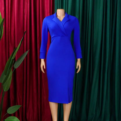 Elegant Bodycon Dresses for Women V Neck Full Sleeve Solid Sheath Package Hips Mid Calf Professional Business Work Dress Midi OL