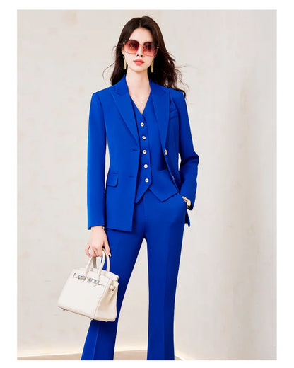 Elegant Women's Office Suit Jacket Pants Vest 3 Piece Blue Notch Lapel Jacket Autumn Women's Pants Sets ropa de mujer