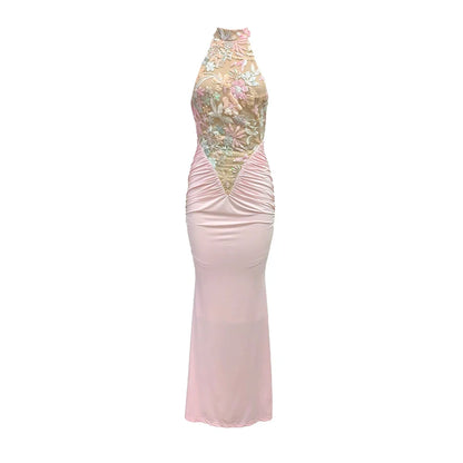 Sexy Red Floral High-Neck Bodycon Dress with Pleated Detailing – Halter Sleeveless Evening Gown | Stylish Party Wear