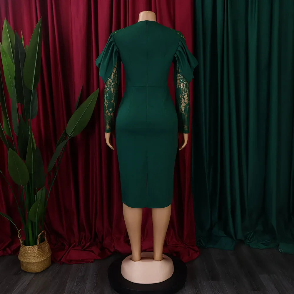 Sexy Bodycon Dresses for Women O Neck Lace Sleeve Sheath Package Hips Mid Calf Female Luxury Birthday Party Dinner Vestidos