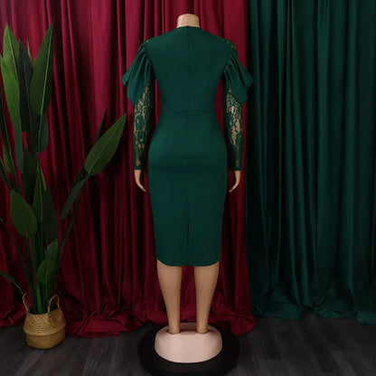 Sexy Bodycon Dresses for Women O Neck Lace Sleeve Sheath Package Hips Mid Calf Female Luxury Birthday Party Dinner Vestidos