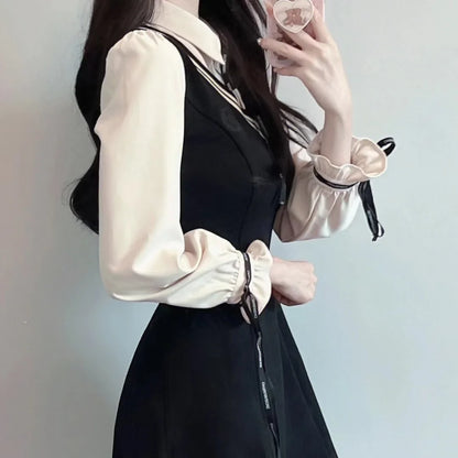 Spring Summer Fashion Fake Two Pieces Dresses Women High Street Turn-down Collar Long Sleeve Dress Elegant Button Bow Vestidos